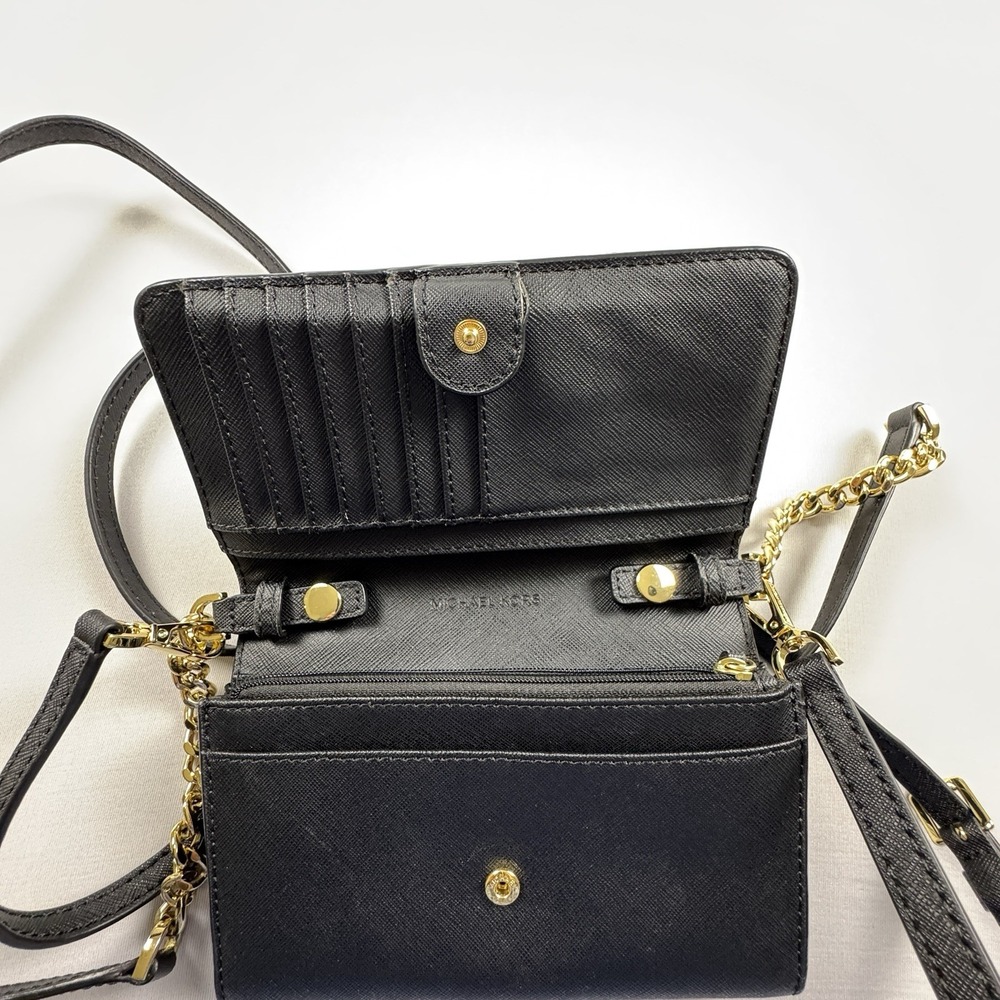 Michael Kors Jet Set Saffiano Leather Smartphone Crossbody Black Gold Timeless - Picture 7 of 10